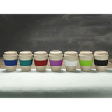 A drink bottle display featuring eight reusable coffee cups in various colours, each with a textured band and featuring a logo.