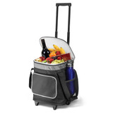 A grey cooler trolley with wheels filled with fruits, snacks, a bottle of wine, and a drink bottle. It has a front pocket.