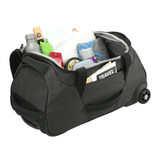 A wheeled duffel bag in charcoal grey with various items inside, including a drink bottle and travel essentials.