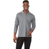 A grey long sleeve polo shirt for men, featuring a collar and buttons, with a logo on the chest.