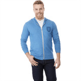 A blue men's full zip hoodie with a logo on the chest, paired with dark jeans.