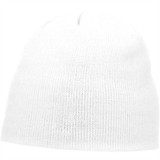 A white knit beanie with a simple design, featuring an unadorned texture and a small logo.