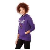 A women's fleece hoody in purple with a front pocket and a logo.