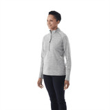 A grey knitted half-zip jumper for women, featuring long sleeves and a stylish, relaxed fit. It has a logo.