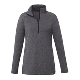 A quarter-zip women's jacket in dark grey with long sleeves, featuring a collar and a logo.