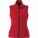 A women's sleeveless vest in vibrant red with a zip front and two side pockets. Features a contrasting trim and logo.