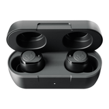 A pair of black earbuds inside a compact charging case, with a sleek design and branding.