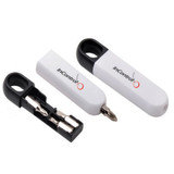 A compact tool set featuring black and white components, including a screwdriver and interchangeable bits, with a logo.