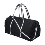 A black canvas duffle bag with contrasting striped straps, featuring two handles and an adjustable shoulder strap.