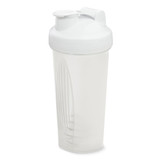 A drink bottle with a white lid and a transparent body, featuring a mixing ball inside.