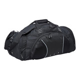 A black duffle bag with side mesh pockets and a shoulder strap, featuring a brand logo.