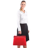 A woman holding a red satchel bag with a zip closure. The satchel features a logo.