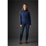 A navy blue women's jacket with a zip front, featuring a fitted design and a logo.