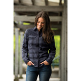 A button-up shirt in dark navy with check patterns, featuring two chest pockets and a classic collar.