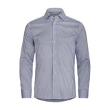 A blue and white checked button-up shirt with a collar and long sleeves. It features a branded logo.
