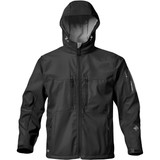 A black men's jacket with a hood, featuring multiple pockets and a logo on the sleeve.