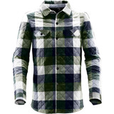 A men's shacket in a green and white checkered pattern with long sleeves and a branding logo.