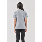 A grey women's button-up shirt displayed from the back, featuring short sleeves and a logo.
