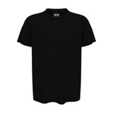 A black organic crew neck T-shirt with short sleeves, featuring a branding label.