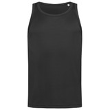 A black men's active sports top without sleeves, featuring a simple design and a logo on the upper side.
