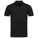 A black short-sleeve polo shirt featuring a collar and three buttons, with a logo on the chest.