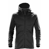 A black men's hoodie with a zip front, hood, and pockets, featuring a branding logo.
