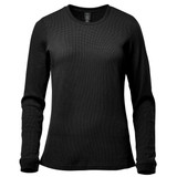 A black women's crew neck shirt with long sleeves and a textured fabric. The shirt features a logo.
