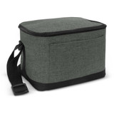 A green cooler bag with a zippered top, a front pocket, and a black base and strap. It features a logo.