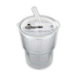 A drink cup featuring a clear, ribbed design with a grey drinking straw and a spill-proof lid.