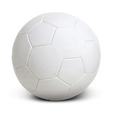 A white soccer ball with black pentagon patterns and visible stitching. The ball features a logo.