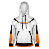 A white hoodie featuring black and orange details, with a front pocket and a branded logo.