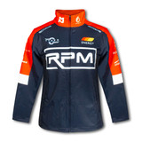 A premium softshell jacket featuring a navy blue base with red accents and a logo on the front.
