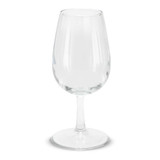 A clear wine glass with a rounded bowl and a slender stem, designed for tasting wine.