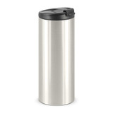 A drink bottle with a sleek, stainless steel body and a black lid featuring a flip-top opening.