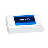 A white box containing M&Ms, featuring a logo on the top in blue and white.