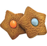 Two star-shaped ginger biscuits, one with an orange centre and the other with a blue centre, on a white background.