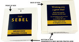 A cardboard box with a flip lid, featuring mints. The box is predominantly white with blue and yellow accents.