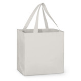 A grey tote bag with two handles and a rectangular shape, featuring a simple design and no visible branding.