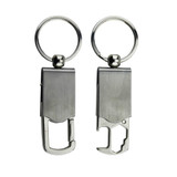A drink bottle opener key ring in silver with a sleek design and a metallic finish, featuring a key ring attachment.