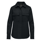 A black women's shacket featuring a button front, two chest pockets, and long sleeves. There is a logo on the inside label.