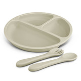 A pale green kids plate set featuring a divided plate and matching cutlery, including a fork and spoon.