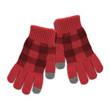 A pair of red knitted gloves featuring a checkered pattern and grey fingertips. They have a knitted cuff design.