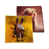 A set of two face washers featuring cartoon characters: one with a pink pig and the other with a smiling llama, in vibrant colours.