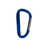 A blue 8cm carabiner with a metallic clip, featuring a simple design. It has a logo on the surface.