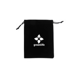 A black velvet drawstring bag featuring a logo. The bag has a simple, elegant design with drawstring closures.