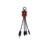 A square-shaped light-up charging cable in black and orange, featuring multiple connector types and a logo.