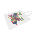 A white cotton bag featuring a colourful printed design and short handles, with a logo visible.