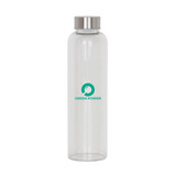 A drink bottle made of clear glass with a stainless steel lid and a green logo. Holds 550ml.