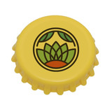A drink bottle cap featuring a vibrant yellow design with a green logo and textured edges.