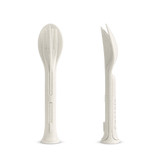 A 3-in-1 portable utensils set in white, featuring a fork, knife, and spoon combined into one sleek design.